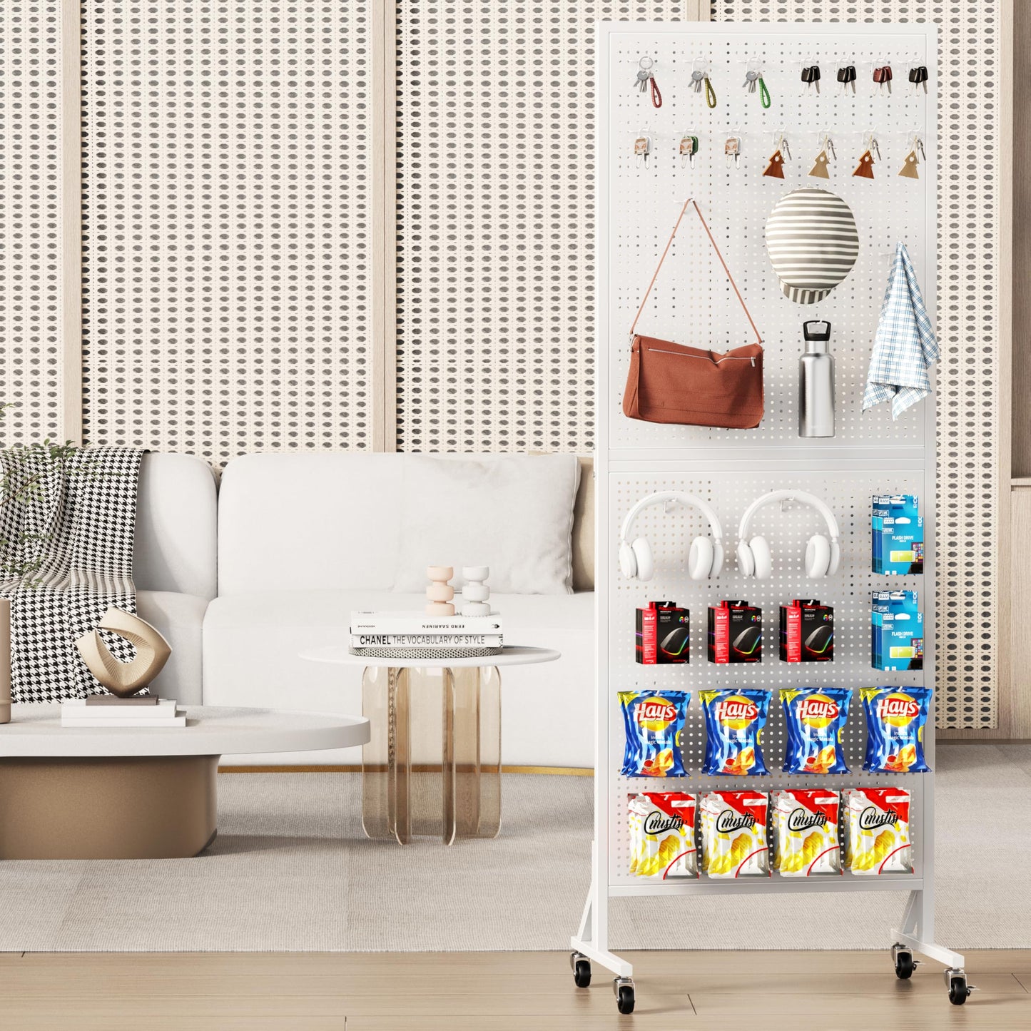 Folews Metal Peg Board Display Stand 24″ x 70″, Freestanding Pegboard Organizer with Wheels & 30 Hooks, Portable Rolling Pegboard Display Rack for DIY Retail Craft Fair Garage Display & Storage, White