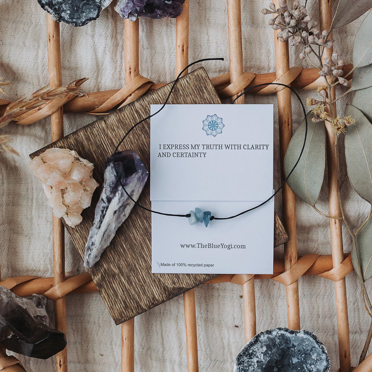 The Blue Yogi Aquamarine Healing Bracelet Anklet, Adjustable Cord Crystal Bracelet for Women Men, Spiritual Protection Jewelry with Affirmation Card