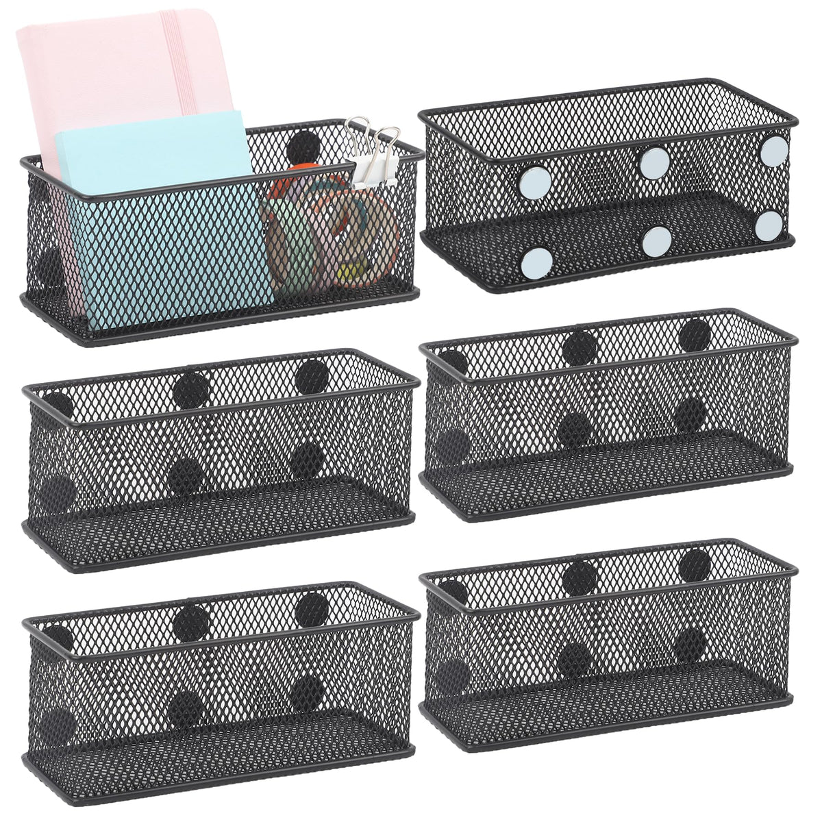 EASEPRES Magnetic Pencil Holder Set of 6 - Black Wire Mesh Storage Baskets Organizer with Strong Magnets - Perfect for Whiteboard, Refrigerator and Locker Accessories
