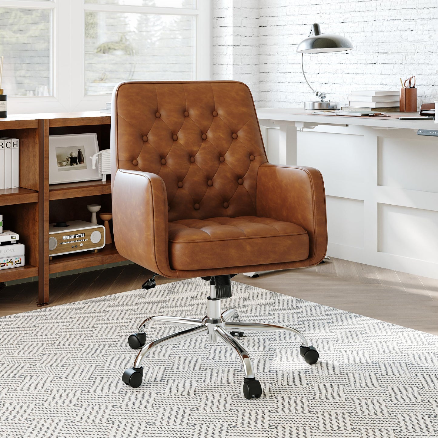 COLAMY Verso Home Desk Chair with Armrest, Leather Swivel Office Chair Adjustment Height with Wheels,Comfortable Padded Seat, Brown