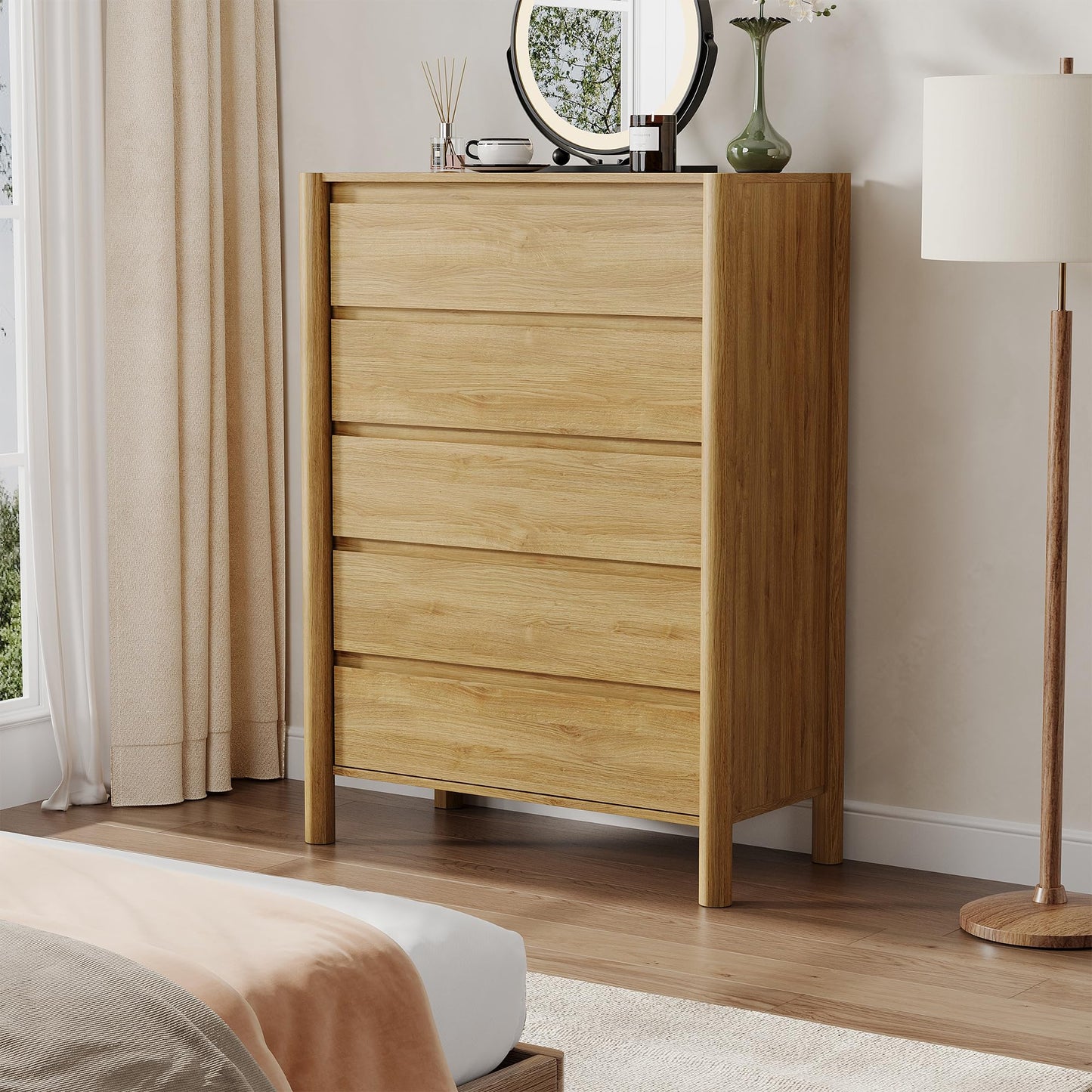 HOUROM 45" Tall 5-Drawer Dresser for Bedroom, Mid-Century Modern Chest with Solid Wood Legs, Concealed Handle,Large Wood Storage Organizer, Bedroom Storage,Oak