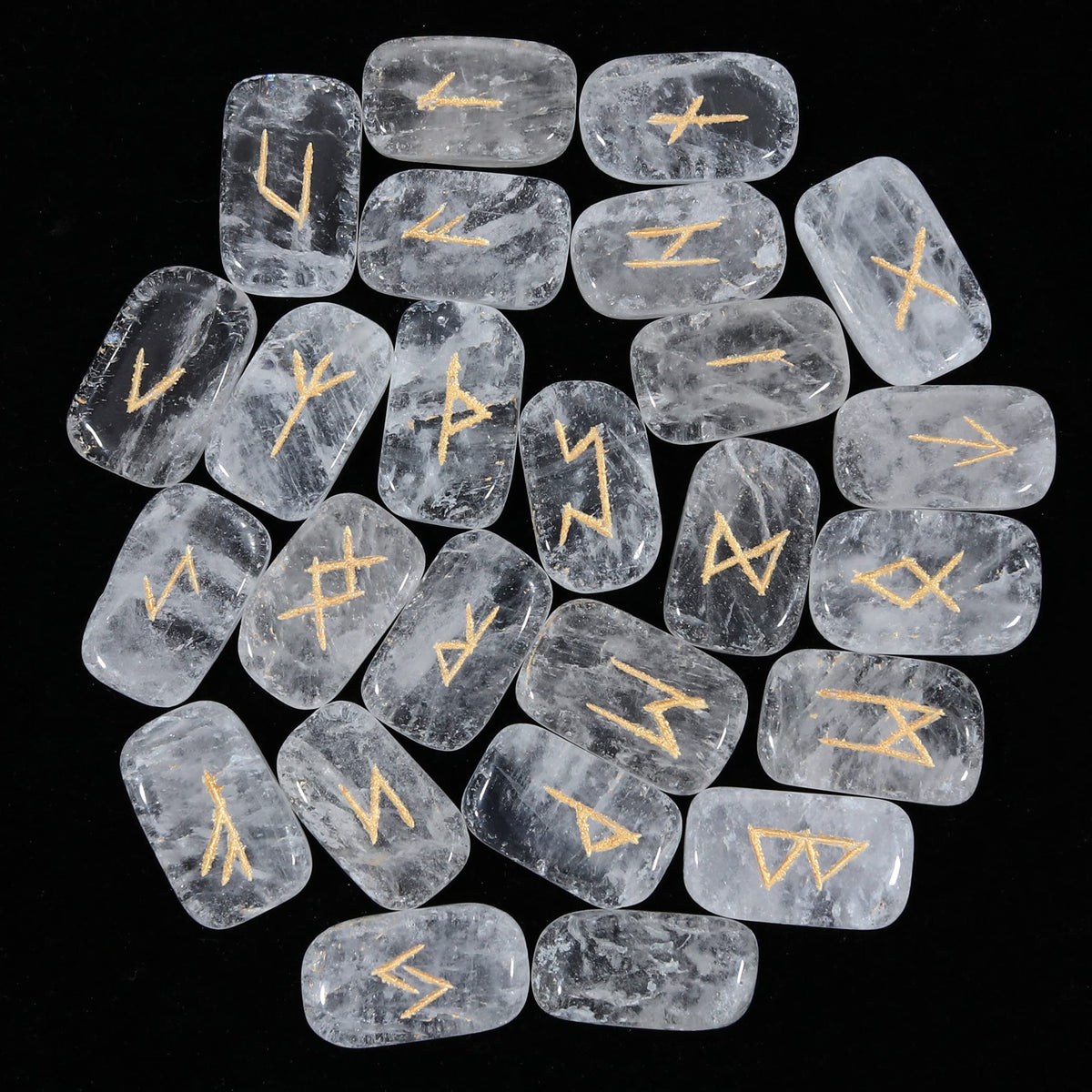Crocon Clear Quartz Rectangle Shape Gemstone Runes with Elder Futhark Alphabet Engraved 25 pcs Rune Set Crystal Divination Metaphysical Healing Chakra Reiki Runes Set with a Pouch| Size : 20-25mm