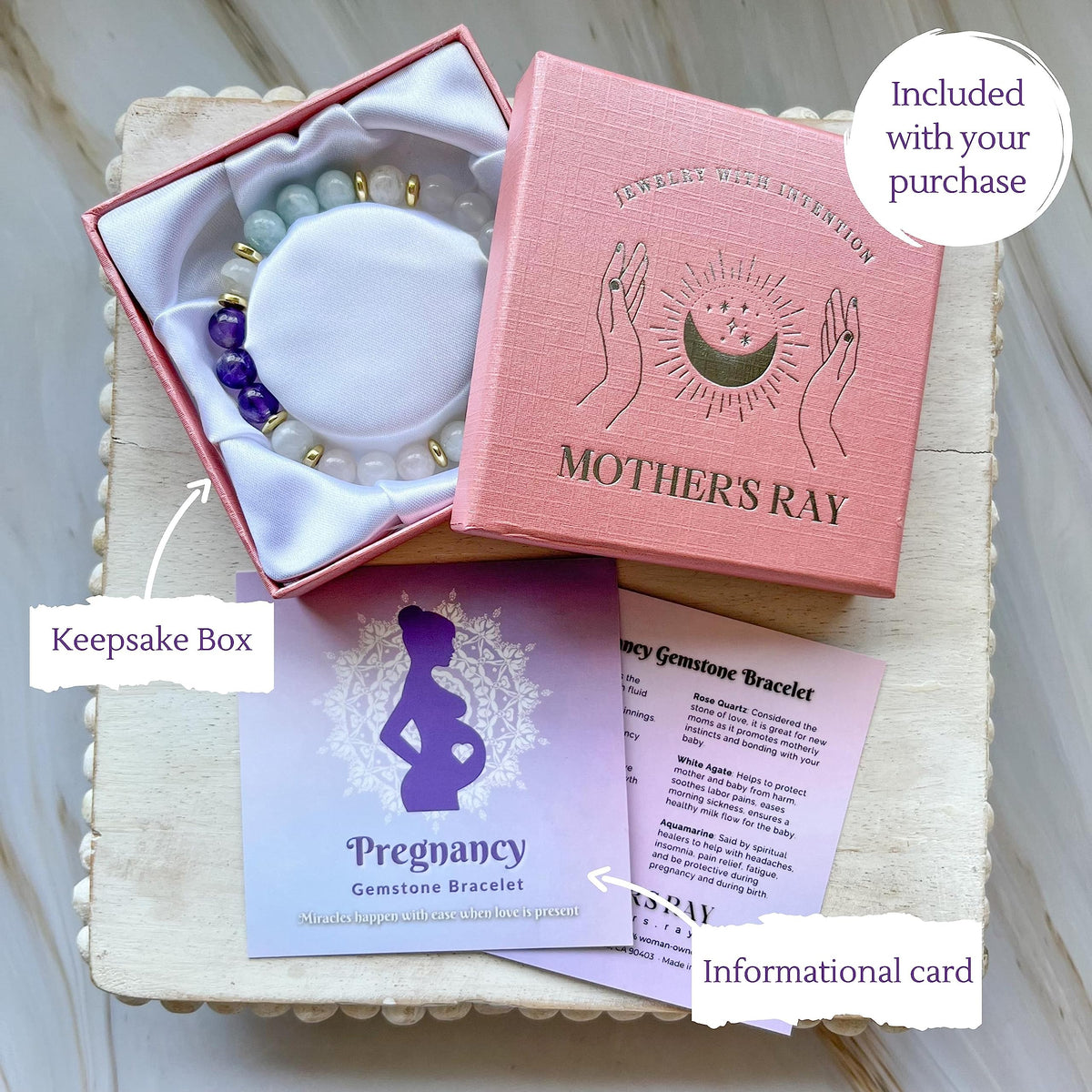 Mother's Ray Pregnancy Bracelet With Healing Crystals - Pregnancy Crystals - Moonstone Amethyst - 8mm Beads - Stretchy Cord - One Size Fits All - Congrats On Pregnancy Gifts Baby Shower