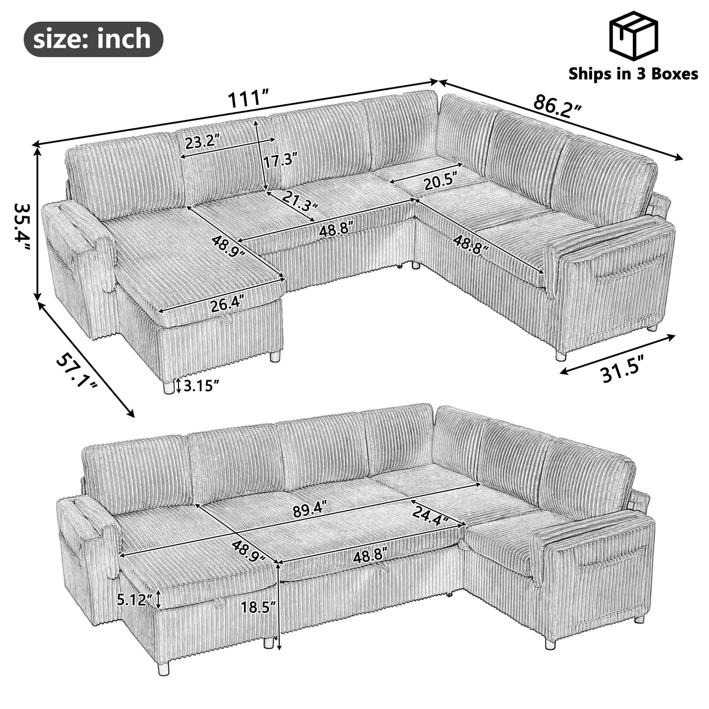 Merax Modern 111 Inch U-Shaped Convertible Sofa with USB Ports and Storage, Corduroy 6-Seat Sectional Pull Out Sleeper Sofa Bed with Chaise Lounge, Couch Set for Living Room, Blue
