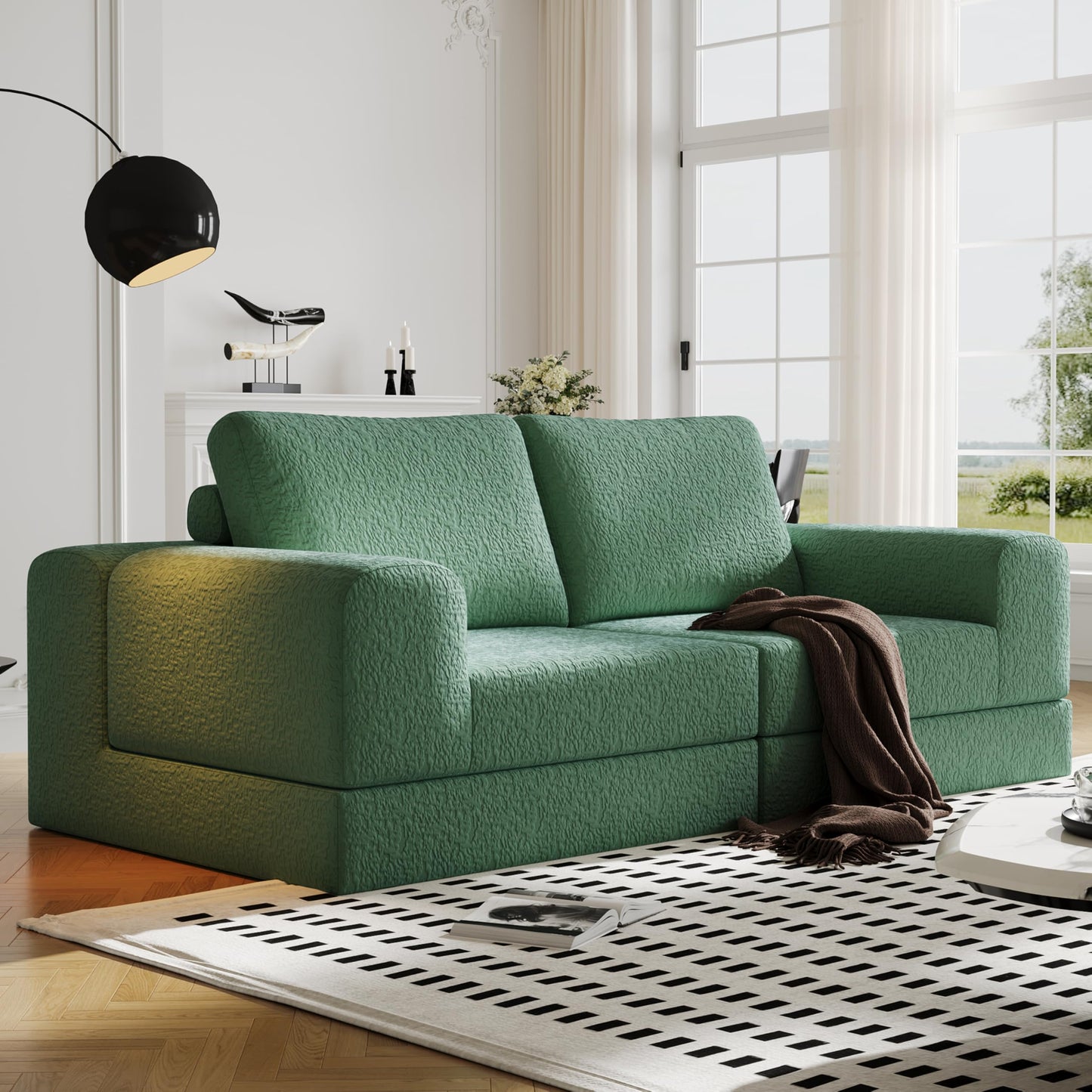 Cloud Modular Sectional Sofa, DIY Combination Modular Couch for Living Room, Unique Knitted Fabric Love Seat Couches with 2 Pillows, 2 Seater Comfy Sectional Couch with No Assembly (Green)
