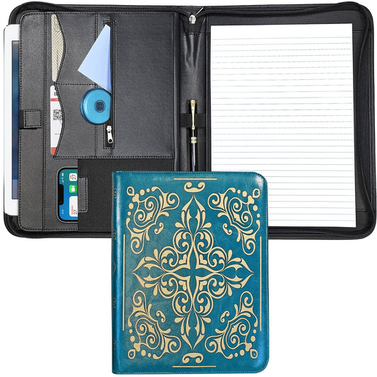 Professional Padfolio for Organized Productivity, Zippered Portfolio, Business Card & Interview Portfolio, Tablet, Laptop, Phone & Folder Holder, Included Pen & Notepad, Antique Teal Binder.