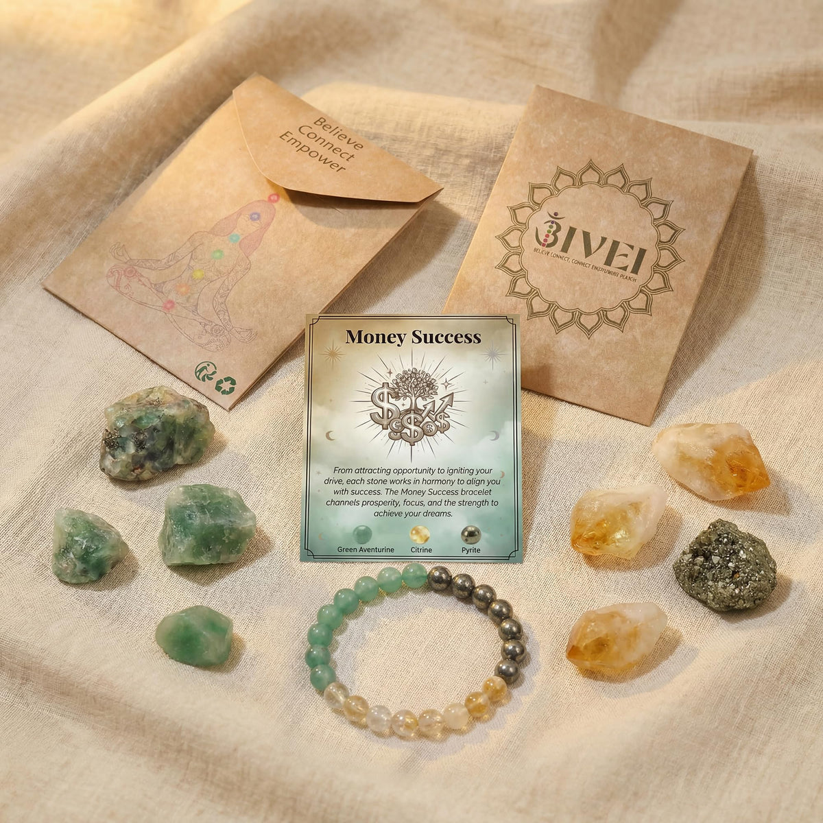 Bivei Money Success Bracelet, Strength Crystal Healing Bracelet 8MM with Green Adventurine & Citrine & Pyrite - Spiritual Stretch Beaded Jewelry for Women Men Gift