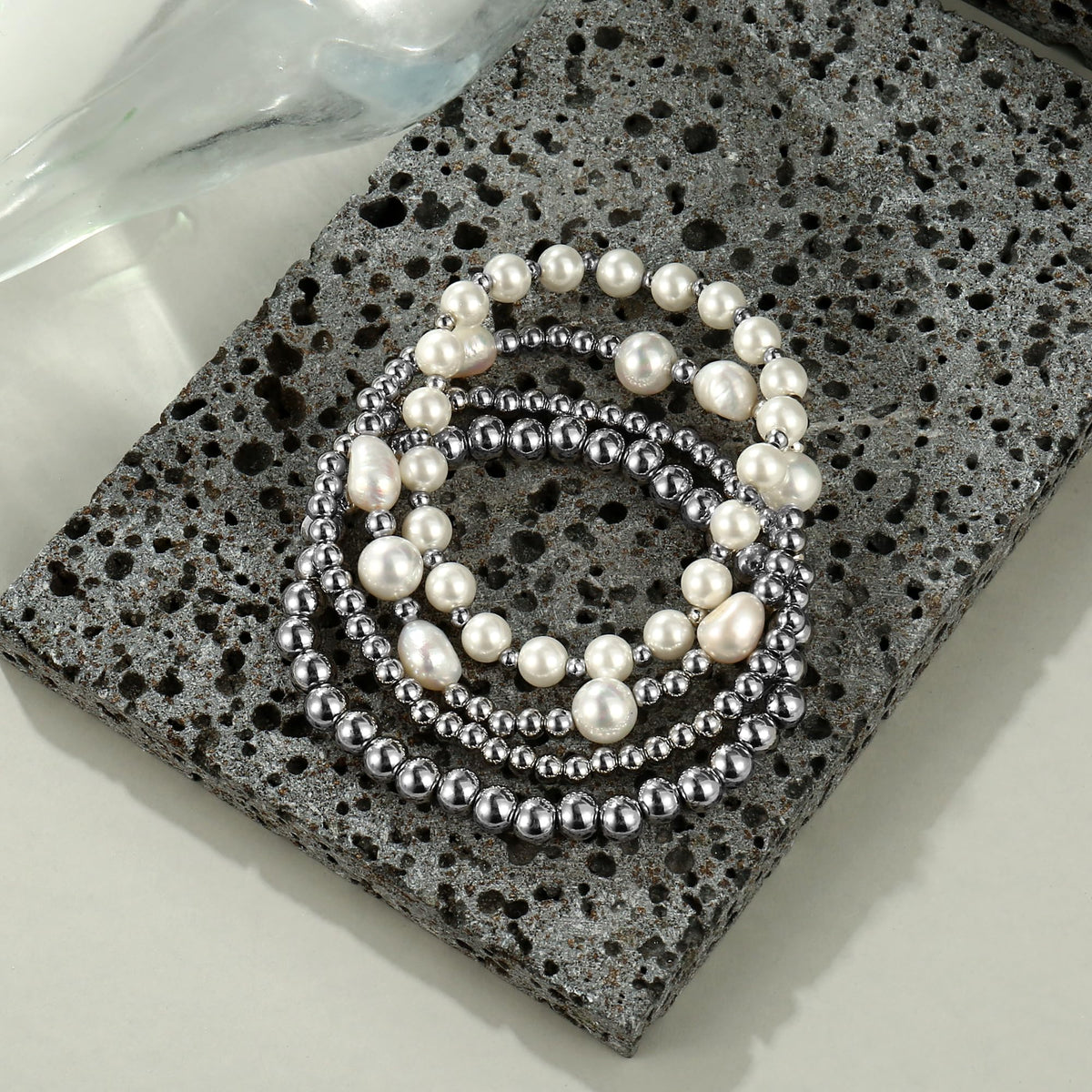 Silver Pearl Beaded Bracelets for Women Baroque Pearl Stackable Stretch Bead Ball Bracelet Jewelry Gifts （4PCS)