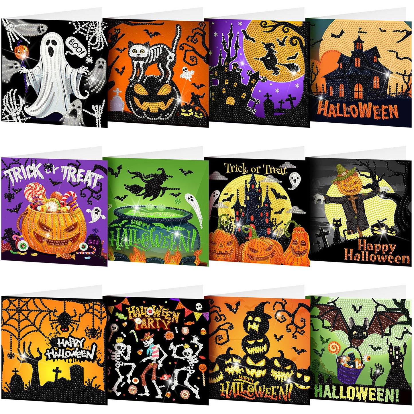 Saillong 12 Pack Halloween Diamond Painting Greeting Card Kits DIY Diamond Art Cards with Envelopes Bat Black Cat Pumpkin 5D Rhinestones Painting for Adults DIY Craft Family Friend Halloween Gifts
