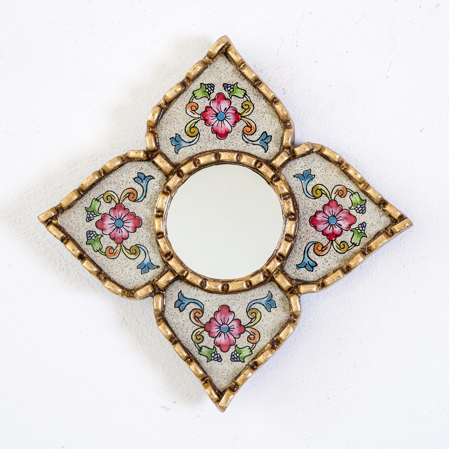 DECORCONTRERAS Artisan Handcrafted Wall Mirror Set, 3 Floral Shape Mirrors, Bronze Finish Frame, Turquoise Purple Beige Glass