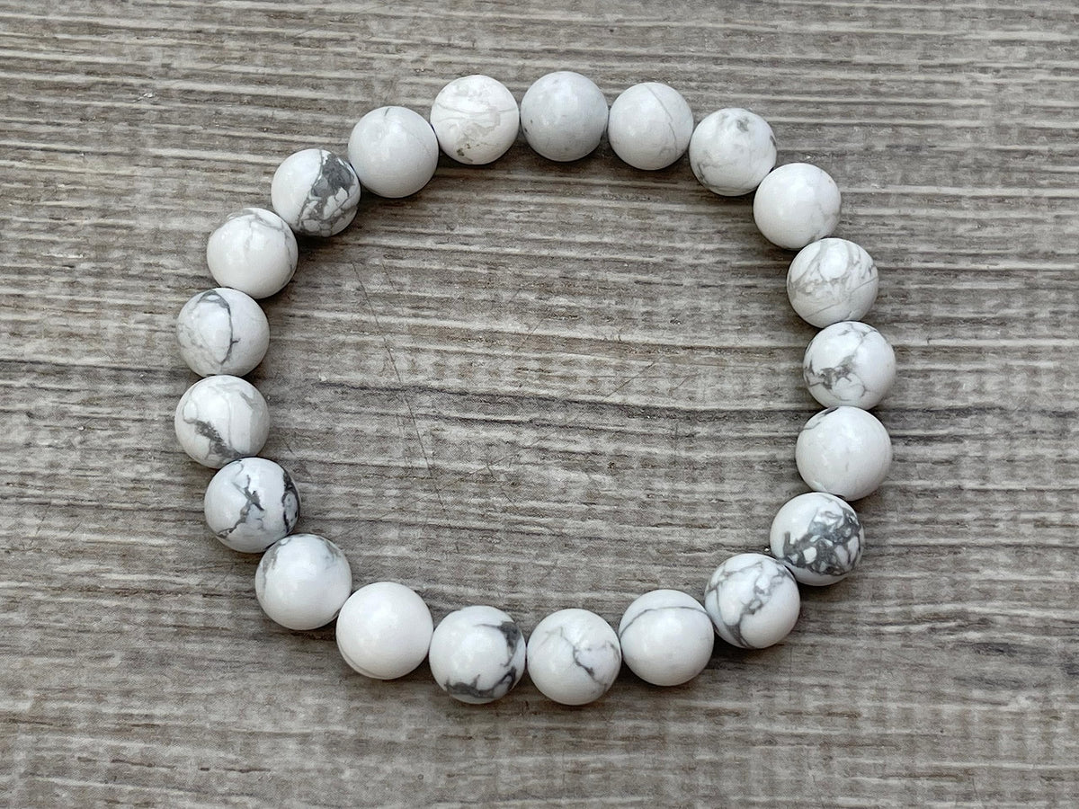 GAF TREASURES White Howlite Crystal Bead Bracelet 8mm, Genuine White Howlite Stretch Gemstone Bracelet, Healing Crystal Bracelet, Gift for Men & Women (1)