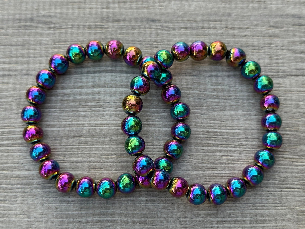 GAF TREASURES Rainbow Hematite Crystal Bead Bracelet 8mm, Genuine Rainbow Hematite Stretch Gemstone Bracelet, Healing Crystal Bracelet, Gift for Men & Women (1)