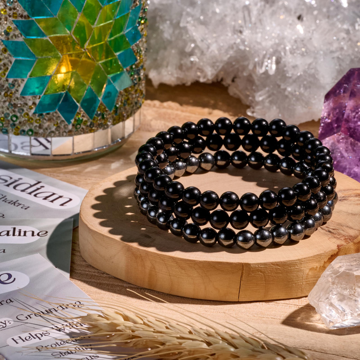 Bivei 3-Piece 8mm Beaded Bracelets for Women – Black Tourmaline, Black Obsidian, Hematite – Handmade Natural Crystal Stretch Elastic Jewelry for Meditation, Yoga, Protection Gifts