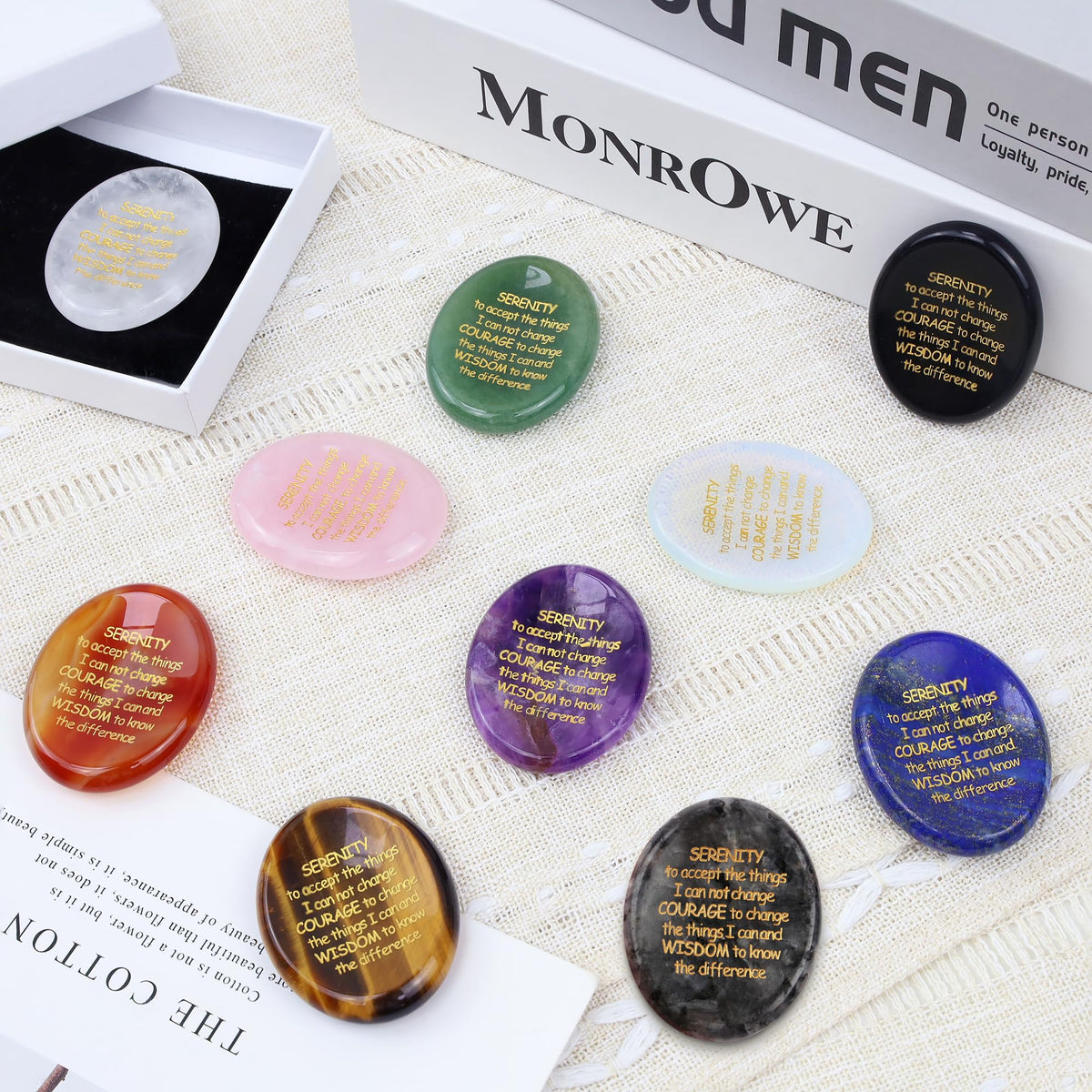 QINJIEJIE Clear Quartz Crystal Serenity Prayer Worry Stones Healing Stone Engraved Inspirational Stones Anxiety Relief Items Teacher Appreciation Encouragement Gifts for Women Men