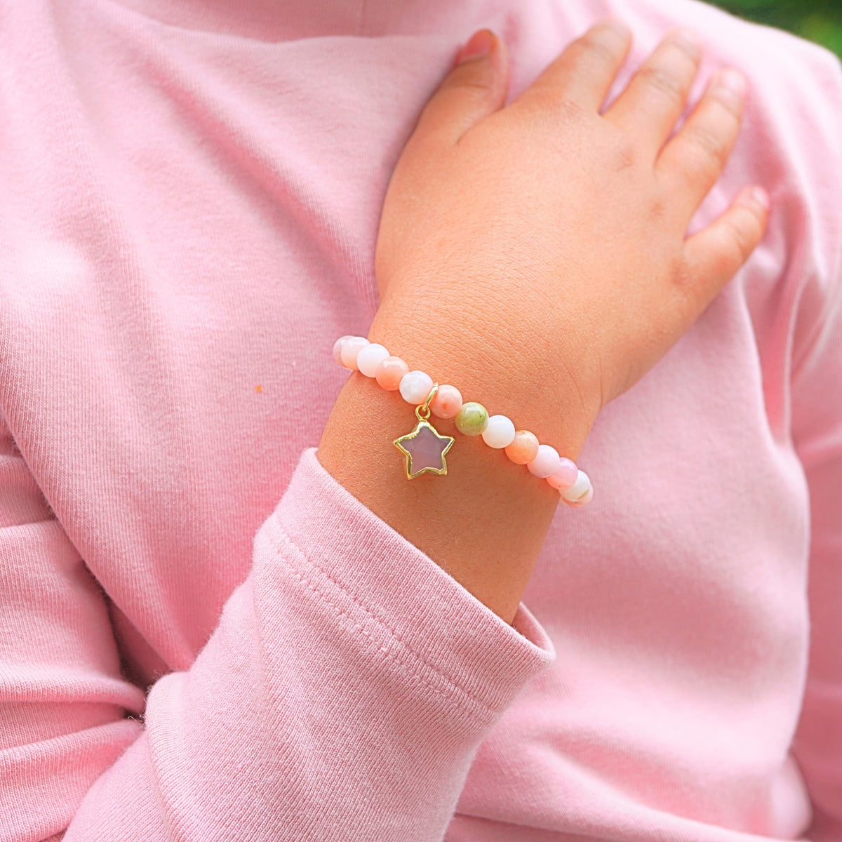Multi-Stone Pink Opal Bracelet Party Favor for Girls, Toddler Bracelet with Certified 925 Sterling Silver 18K Gold Vermeil Pink Opal Crystal Star Charm