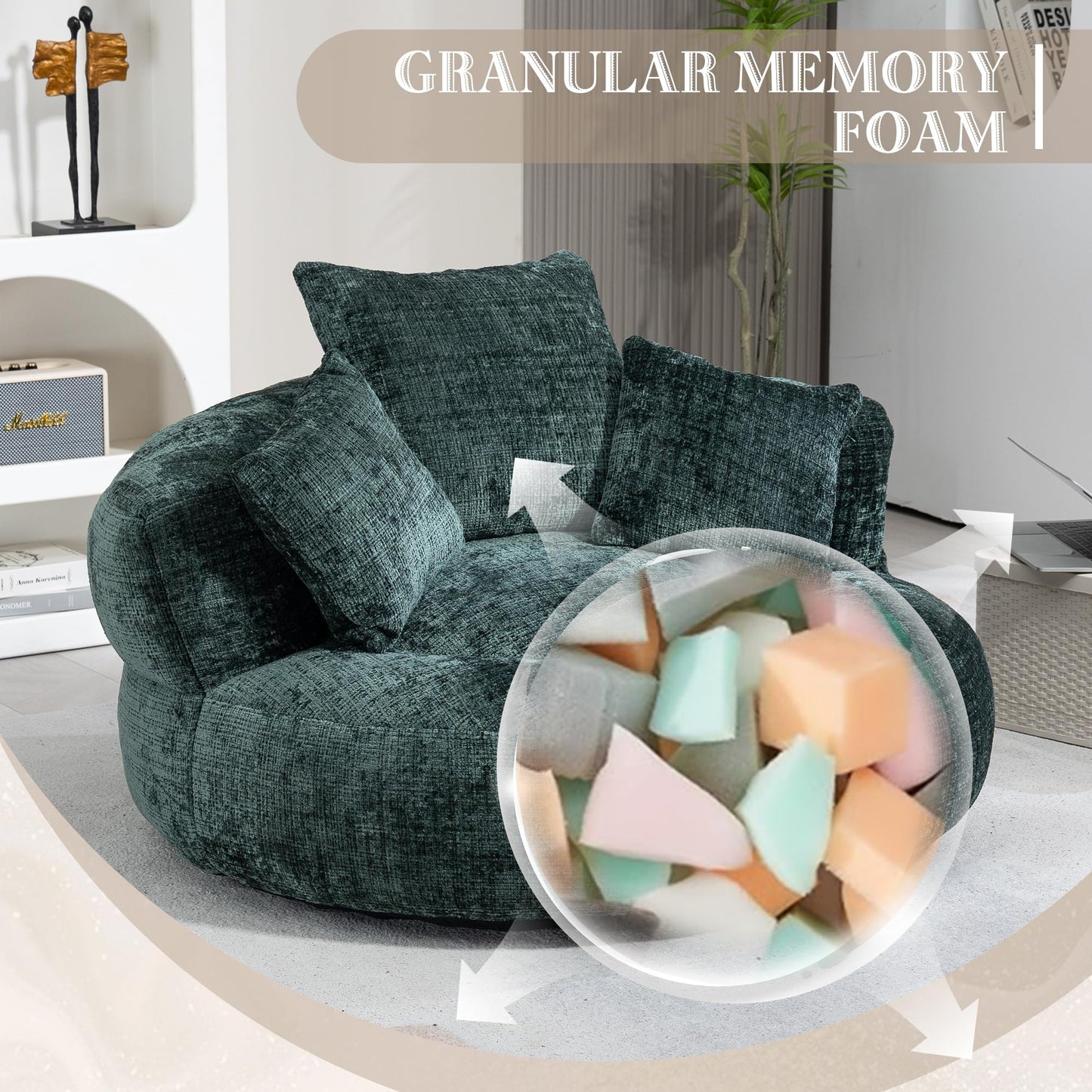Oversized Lazy Sofa Bean Bag Chair with High Back and 3 Pillows, Chenille Fabric Comfy Lounger for Adults & Kids, Single Floor Gaming Sofa Chair for Bedroom, Living Room, or Office (Emerald)