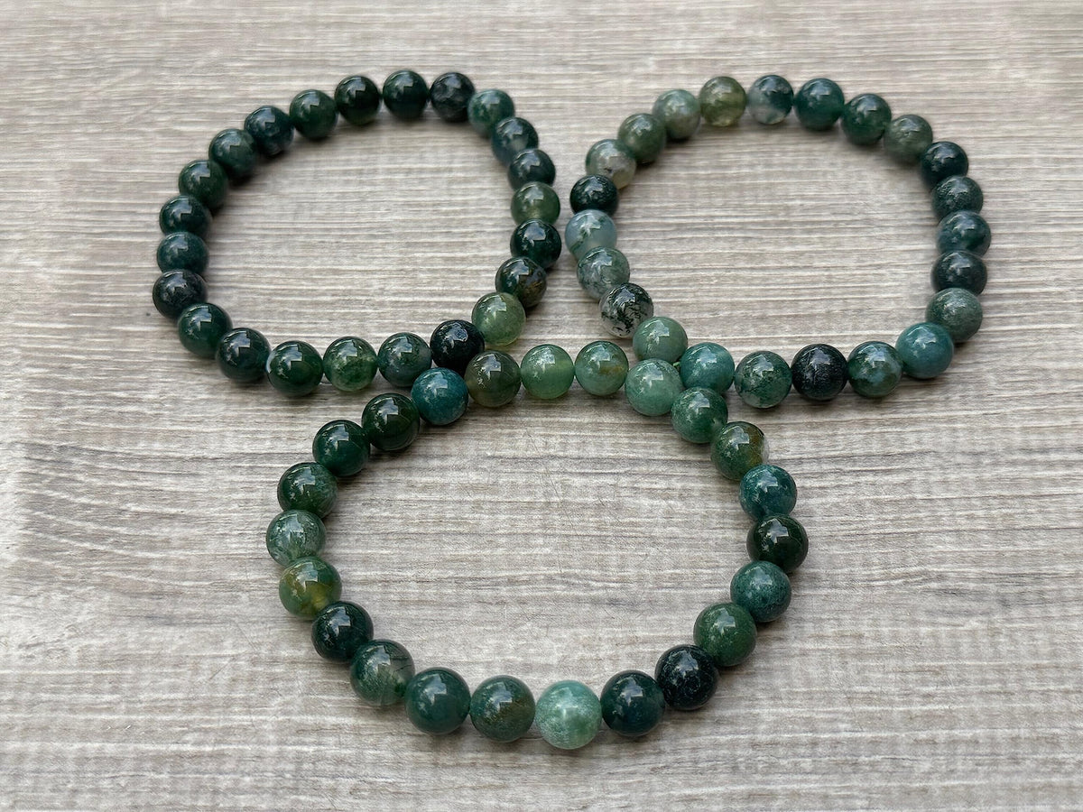 GAF TREASURES Moss Agate Crystal Bead Bracelet 8mm, Genuine Moss Agate Stretch Gemstone Bracelet, Healing Crystal Bracelet, Gift for Men & Women (1)