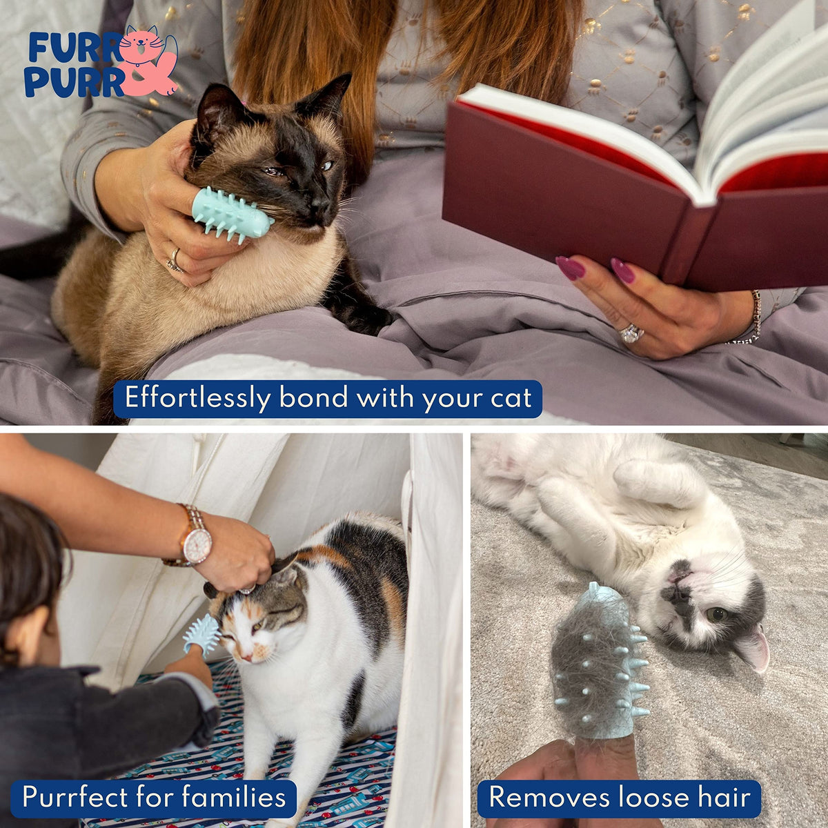 Furr&Purr Cat Brush Set for Indoor Cats - Grooming Tools: Face Scratcher, Calming Massager, and Scratching Pad (2-Pack, Made in the USA)