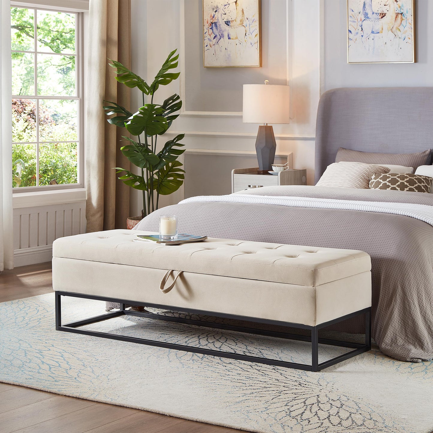 GDFStudio 59" Mid-Century Modern Bed Bench, Storage Ottoman Bench, Large Button Tufting Lift-Top Velvet Ottoman Foot Rest with Metal Base, Upholstered Oversized Pouf for Living Room Bedroom, Beige