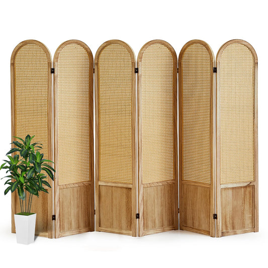 Asnefeli 6 Panels Room Divider, Folding Privacy Screen, Foldable Wood Rattan Room Divider Panel, Portable Partition Screen Wall Divider for Room Separation Bedroom Home Office Garden Terrace (Natural)