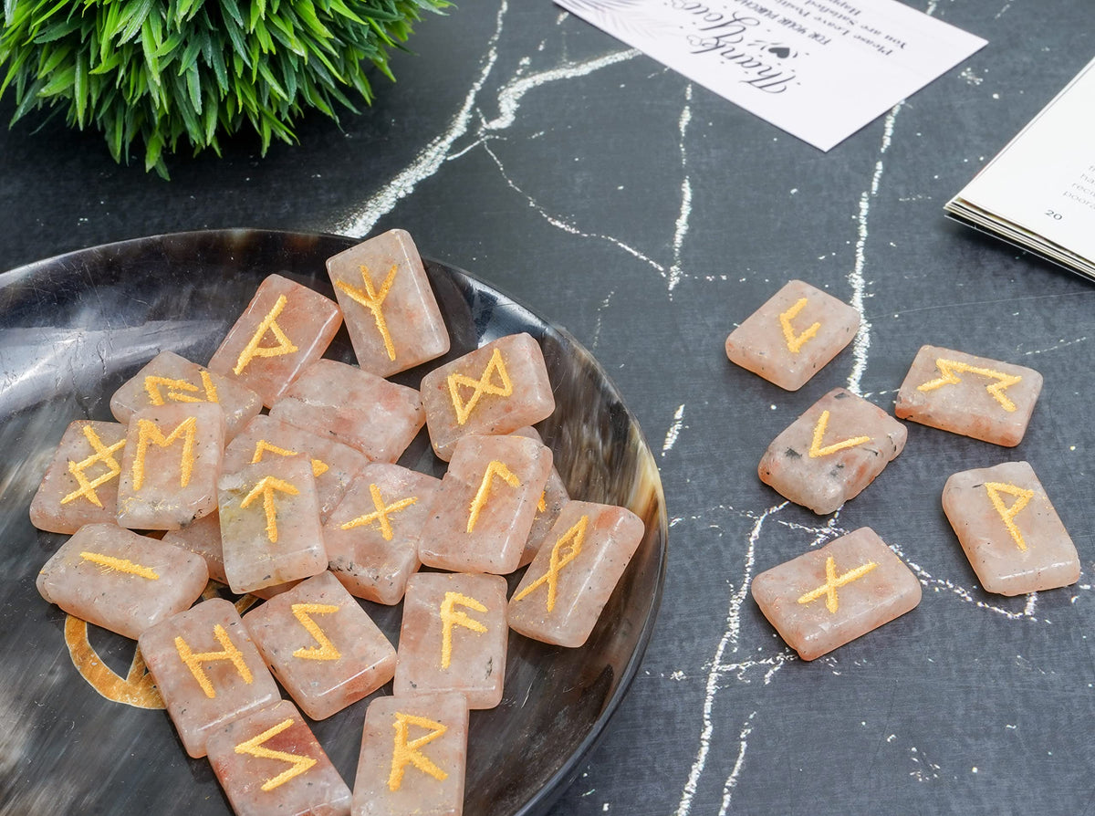 Crocon Sunstone rectangle shape gemstone runes with Elder Futhark Alphabet Engraved 25 pcs rune set Crystal Divination metaphysical Healing Chakra Reiki runes set with a pouch Size : 2025mm