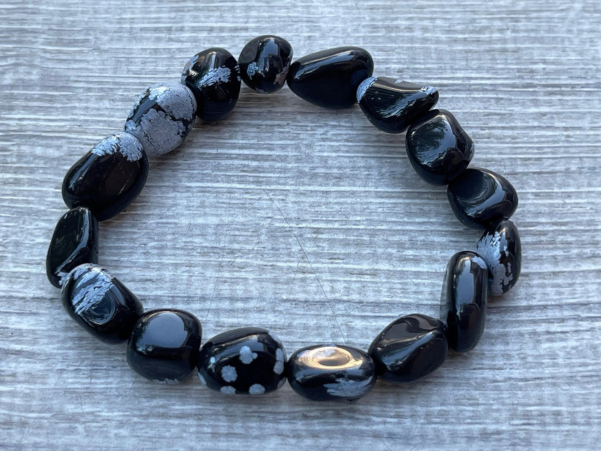GAF TREASURES Snowflake Obsidian Crystal Nugget Bracelet, Genuine Snowflake Obsidian Tumbled Gemstone Bracelet, Healing Crystal Bracelet, Gift for Men & Women (1)