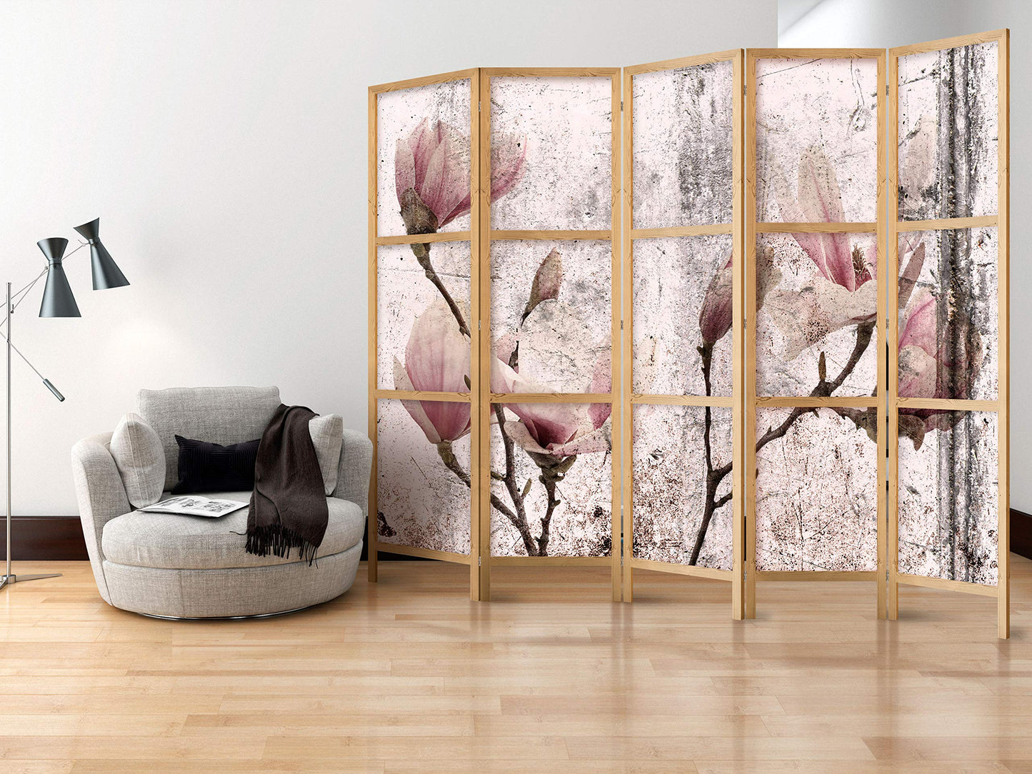 artgeist Japanese Room Divider XXL Flowers Magnolias 90 x 67 in - 5 Panel Folding Screen Japan Design Home Decoration Art Deco b-C-0389-z-c