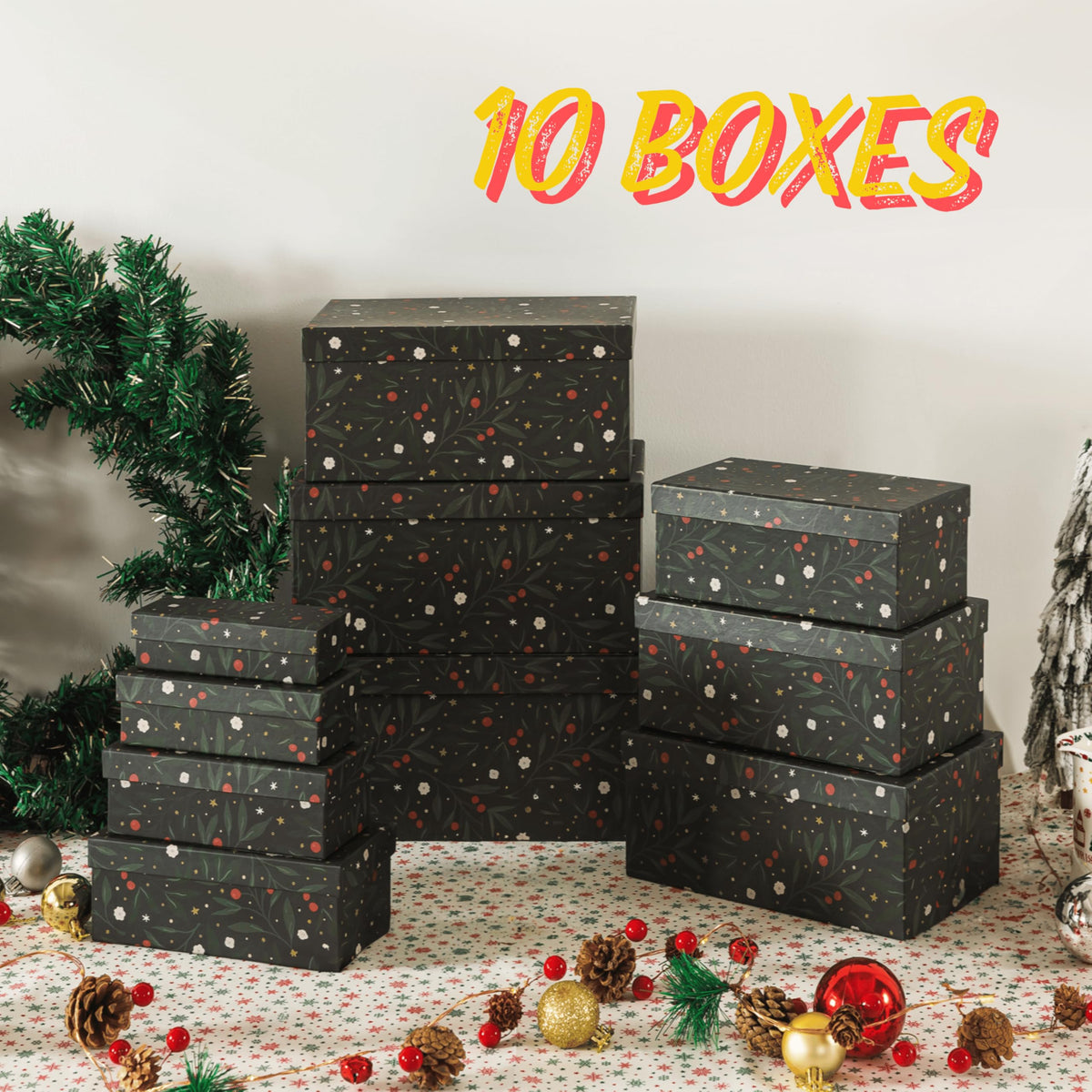 Soul & Lane Christmas Boxes with Lids - Set of 10, Charming Festive Gift Boxes, Decorative Cardboard Holiday Storage with Enchanting Leafy Botanical Pattern