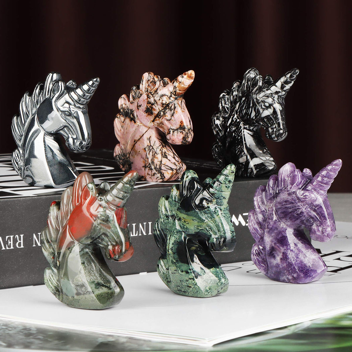 Artistone 3" Hematite Crystal Unicorn Figurines,Hand Carved Polished Gemstone Unicorn Statue Animal Carvings Collectible Paperweight Decorative Healing Stones for Home,Office