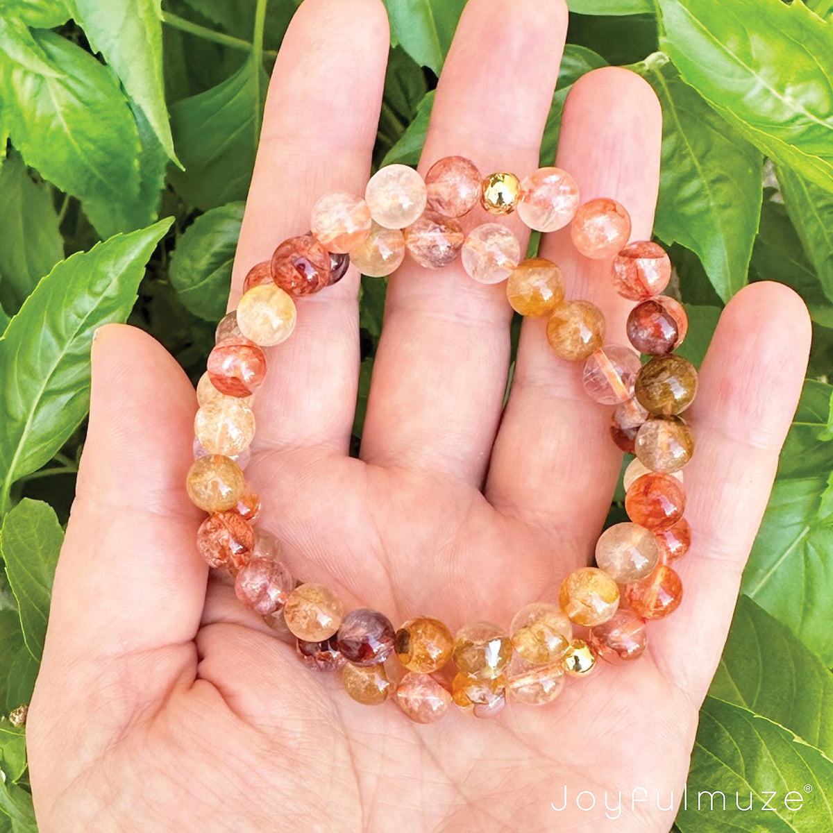 Joyfulmuze Natural Floral Crystal, Pink Yellow Orange Summer and Fall Stretch Bracelet, Handmade Gift for Women and Men, Round Beads 8mm 7" wrist (Floral-Crystal)