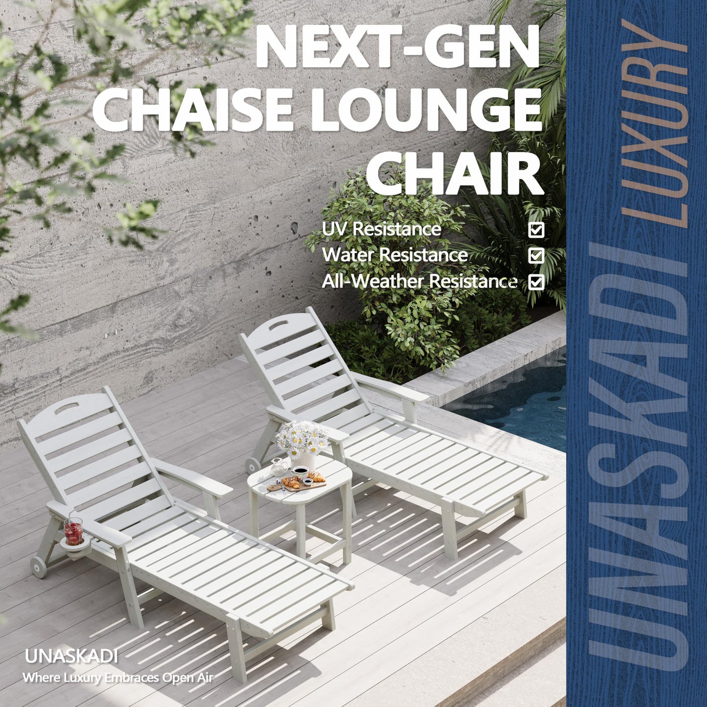 Patio Chaise Lounge Chair Set of 2, HDPE Outdoor Lounge Chairs with 5-Position Adjustable Backrest, Cup Holder and Wheels, 450lbs Capacity for Poolside Deck Backyard, All Weather Material(Gray)