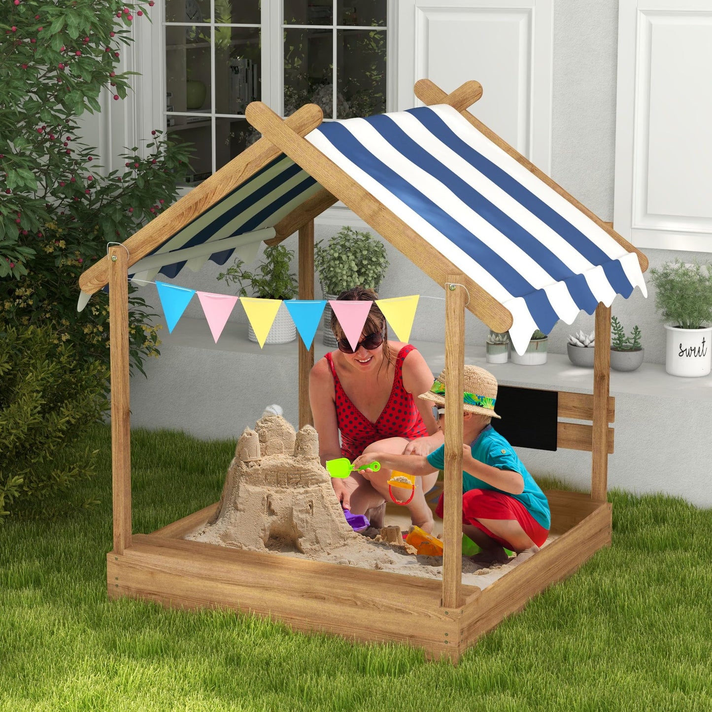 GOWE Wooden Sandbox with Canopy House Design for 3-7 Years Old, Brown