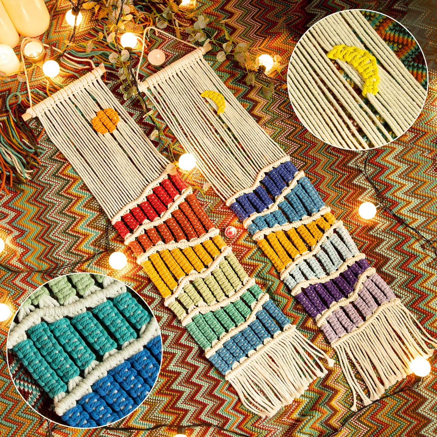 Boho Macrame Wall Hanging Decor Set, 2PCS Southwest Bohemian Handmade Woven Sun&Moon Mountain Geography Tapestry with Long Tassel, Gypsy Rainbow Ornament for Nursery Decoration Girl Christmas Gift