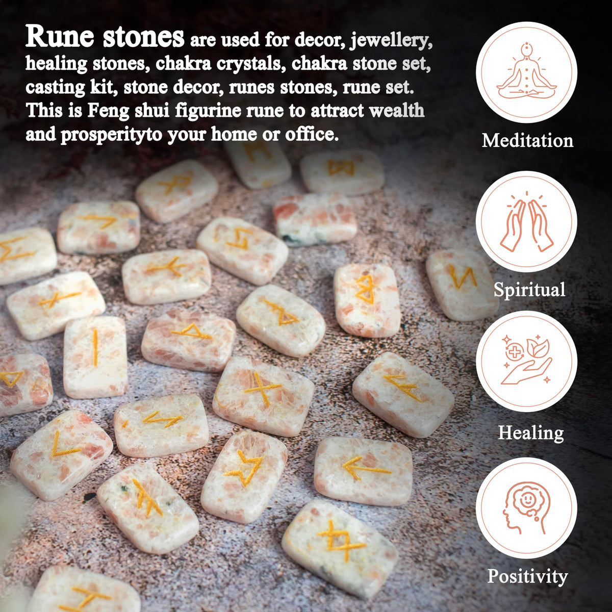 Crocon Sunstone rectangle shape gemstone runes with Elder Futhark Alphabet Engraved 25 pcs rune set Crystal Divination metaphysical Healing Chakra Reiki runes set with a pouch Size : 2025mm