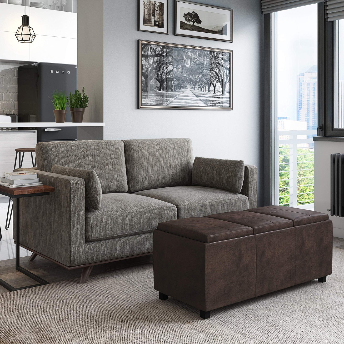 SIMPLIHOME Avalon Storage Ottoman - 42 inch Wide Upholstered Vegan Leather Rectangular Flip-Top Ottoman in Distressed Brown, Contemporary Coffee Table Ottoman for Living Room with Hidden Storage
