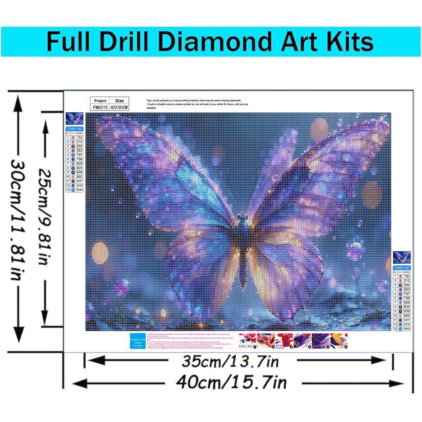 Gikboup Butterfly Diamond Art Kits Magical 5D Full Round Drill Diamond Painting for Adults Beginners, Perfect Relaxing Gift DIY Gem Art for Home Wall Decor 16"x12".