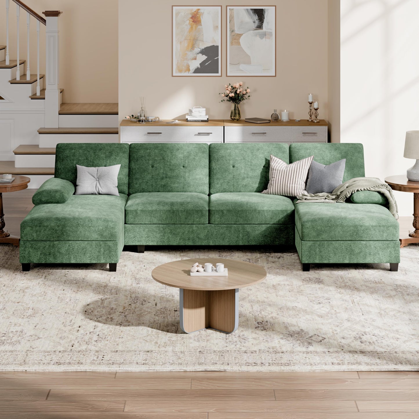 Shintenchi U-Shaped Sectional Couches for Living Room, 4 Seat Sofa with Double Chaise Lounges,Solid Wood Frame Sectional Sofa for Apartment,Green