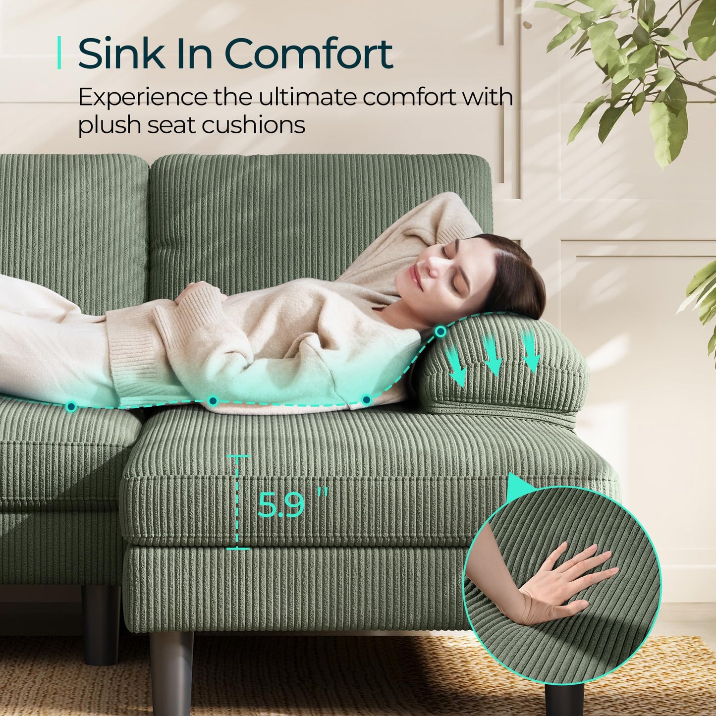 LINSY HOME Sectional Couch, 105'' W Corduroy U Shaped Sofa with Sleepable Armrests, 4 Seat Couch with Double Chaises, Deep Sofa for Living Room, Green
