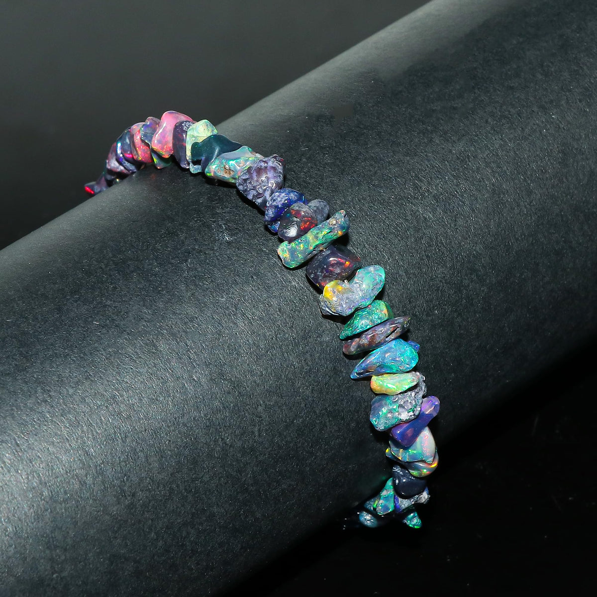 CRYSTALIS Black Opal Bracelet, Natural Raw Stones, Fire Play Rough Gemstones, Chakra Healing Crystals, Gift Giving Jewelry, Rhodium 925 Sterling Silver Women Slider Bolo Bracelet 10 inch (6+4")