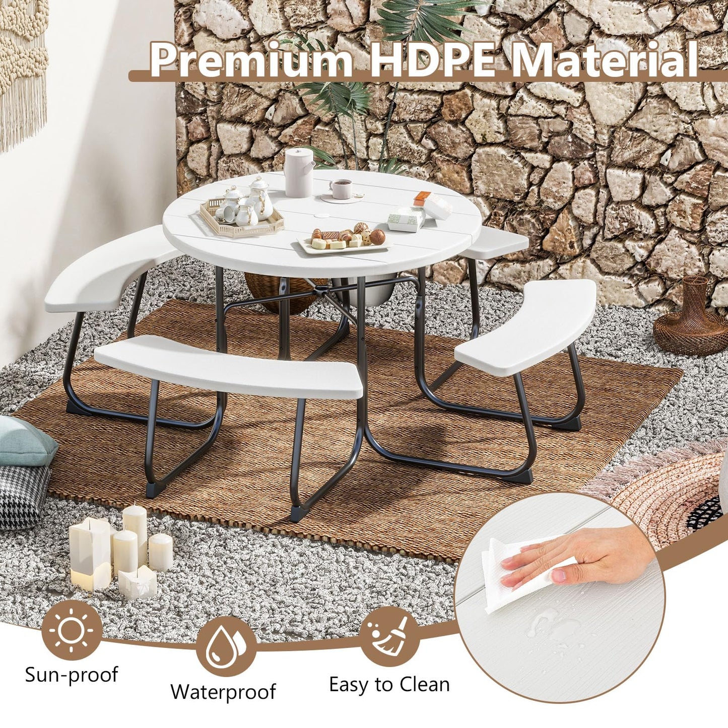 HAPPYGRILL 8-Person Picnic Table Bench Set with Umbrella Hole, 43” Outdoor Dining Table w/4 Benches, Wood-Like Texture Tabletop, Stable U-Shaped Base, Round Table for Backyards, White