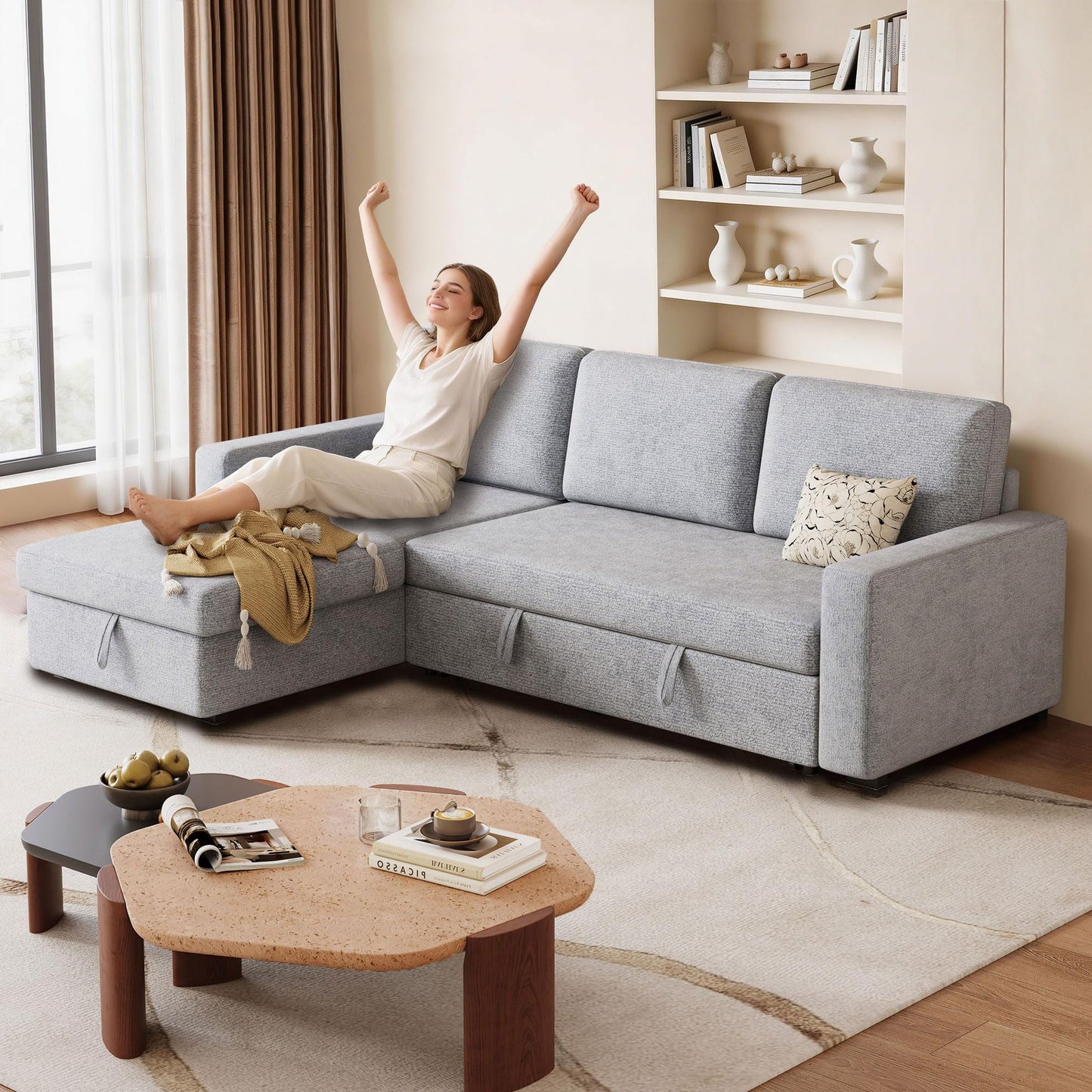 FAVSH 81.5" Convertible L Shaped Sleeper Sofa, 3-Seat Pull Out Sectional Couch with Storage Chaise & Removable Cushions, Chenille Fabric for Small Living Room Apartment, Light Gray