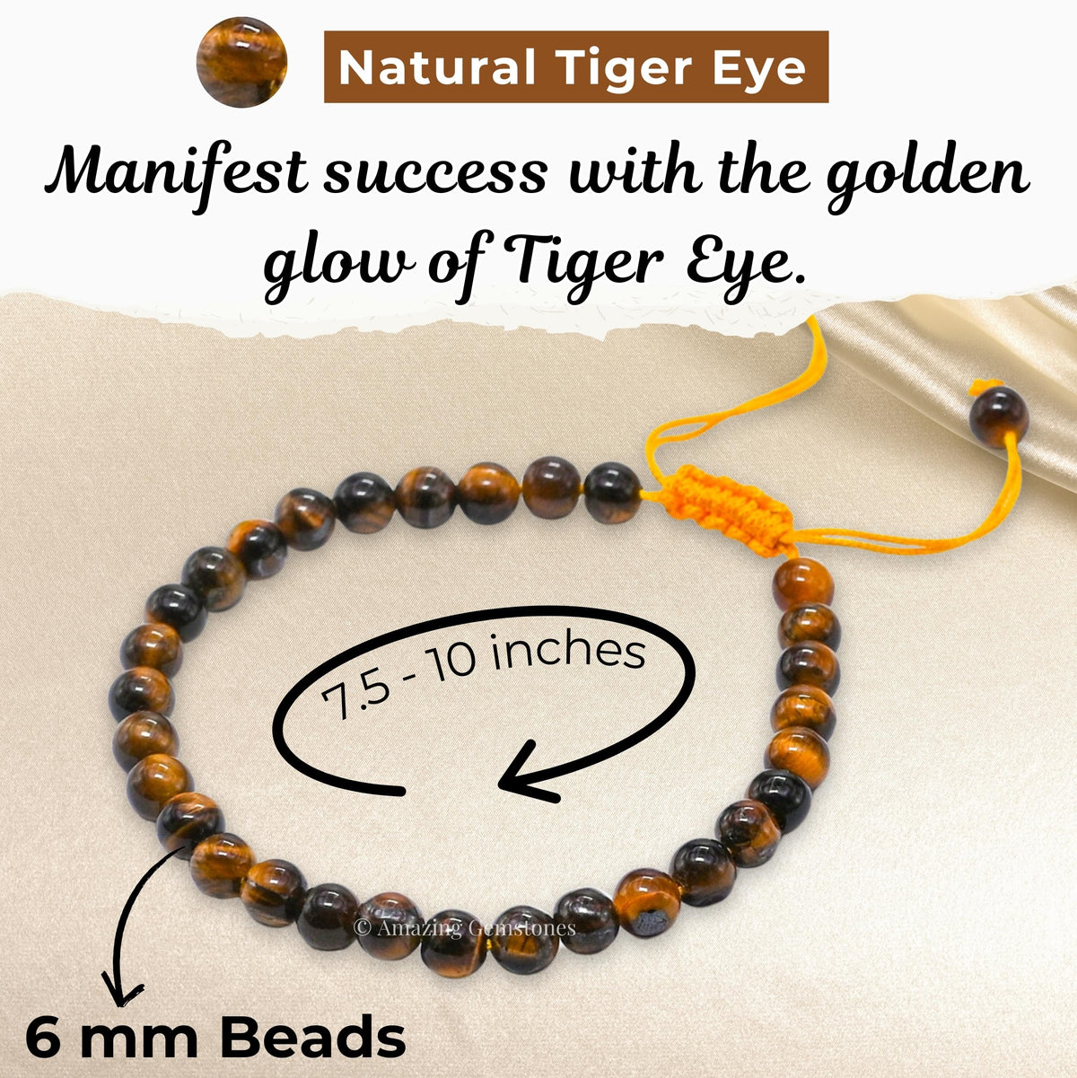 Amazing Gemstone Tiger Eye Bracelet for Women Men's Gifts - Protection Healing Crystal Bracelet - 6mm Gemstone Beaded Adjustable Bracelet