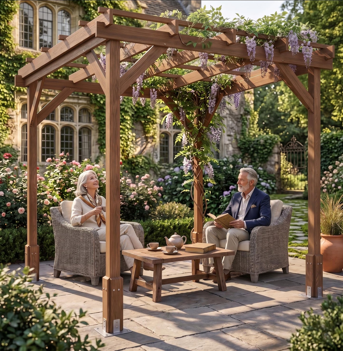 6.5x6.5 FT Outdoor Wood Pergola, Natural Fir Wood Patio Pergola with Reinforced Frame, Open Roof for Climbing Plants, Garden Backyard Deck Shade Structure, Dark Brown