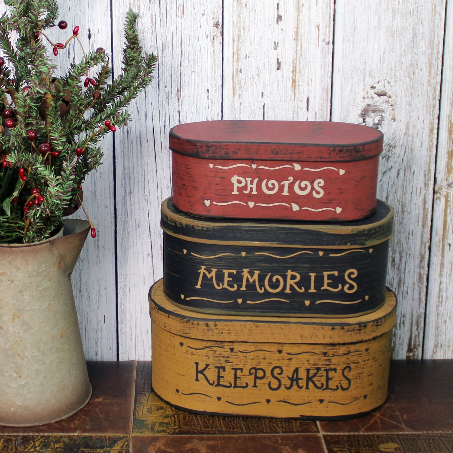 CVHOMEDECO. Primitives Antique Oval Photos, Memories, Keepsakes Cardboard Nesting Boxes, Large 9-3/4 x 5-1/2 x 4 Inch, Set of 3.