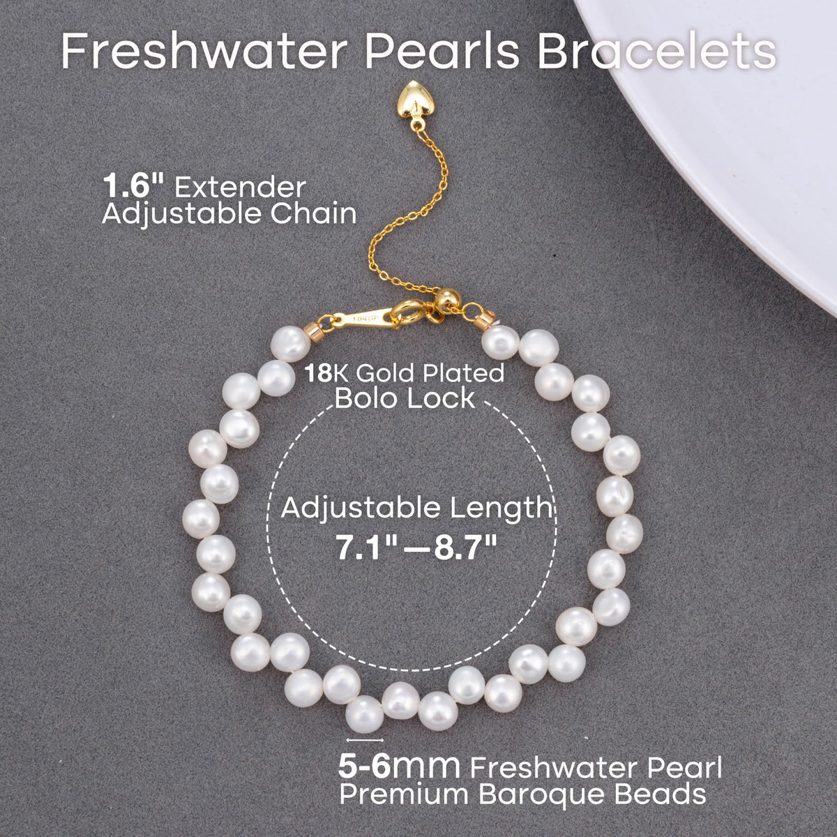 Pearl Bracelets for Women Charm Dainty Freshwater Baroque Pearls Strand Bracelets with Adjustable 18K Gold Plated Link Trendy Jewelry Gifts for Women(Side-Drilled, 5-6mm, 18K GP Bolo Lock)