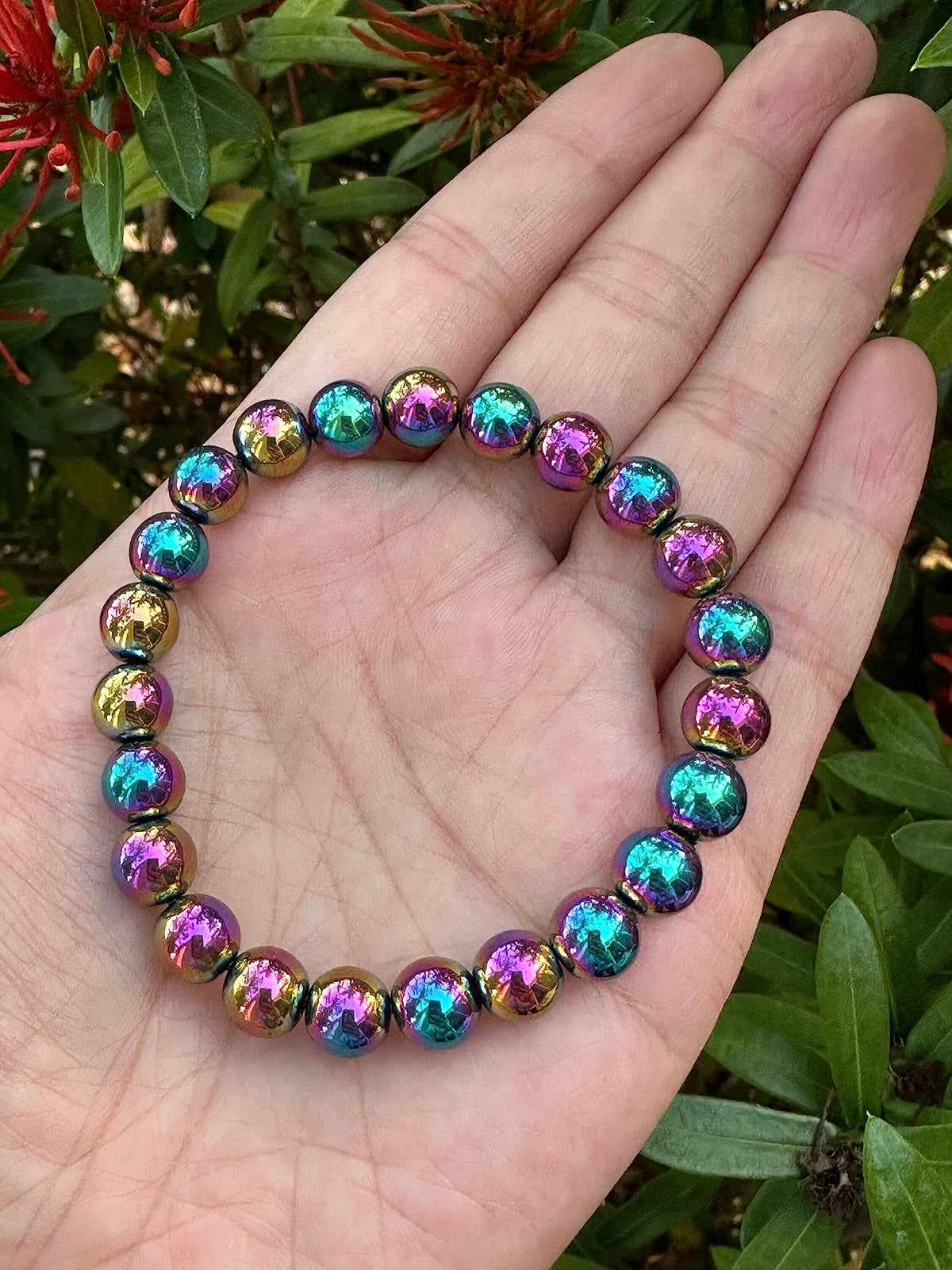 GAF TREASURES Rainbow Hematite Crystal Bead Bracelet 8mm, Genuine Rainbow Hematite Stretch Gemstone Bracelet, Healing Crystal Bracelet, Gift for Men & Women (1)