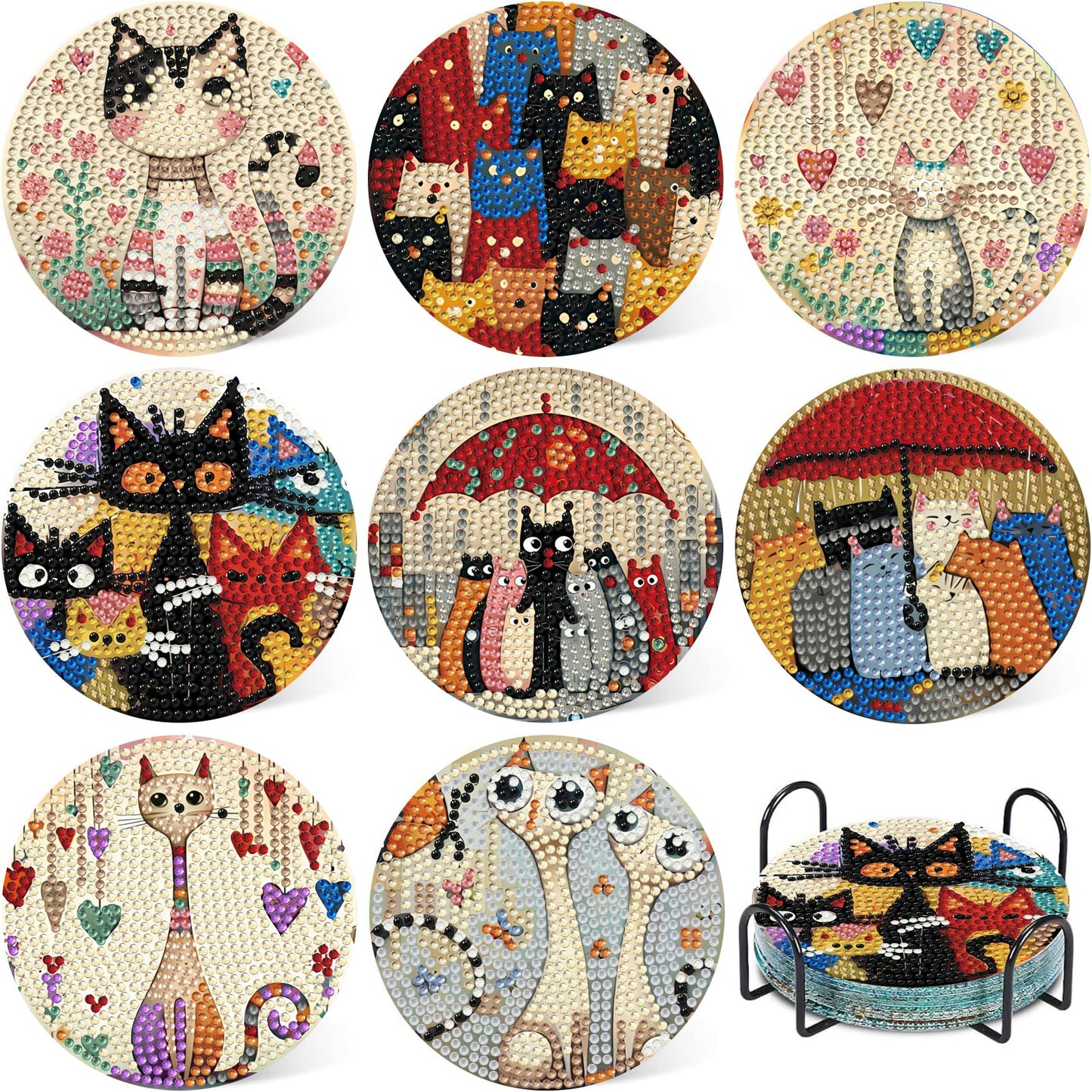 HMZephitiquc Cat Diamond Painting Coasters Kit, 8 Pcs Diamond Art Cat Coasters with Holder, 5D Small Gem Art Kit Easy Crafts, Non Slip Coaster for Home Decor Gift