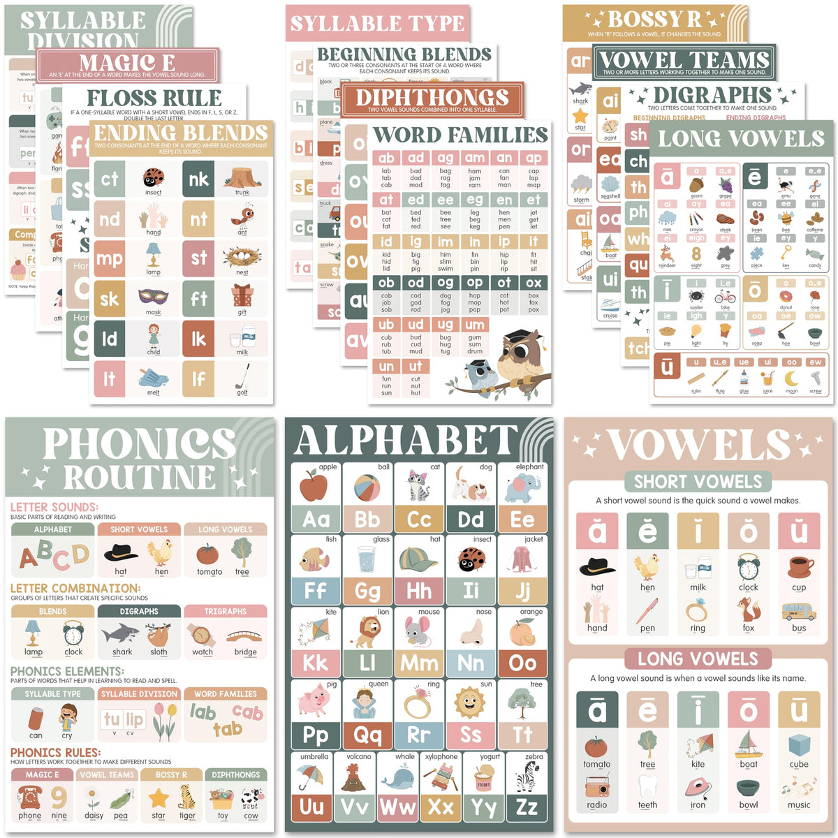 BEAWART 15 Pcs Boho Phonics Posters for Classroom (11"x17") ESL Classroom Decorations, Vowel Posters for School, Sound Wall Phonics Routine, Alphabet, Diphthongs, Word Families, Vowel Sounds