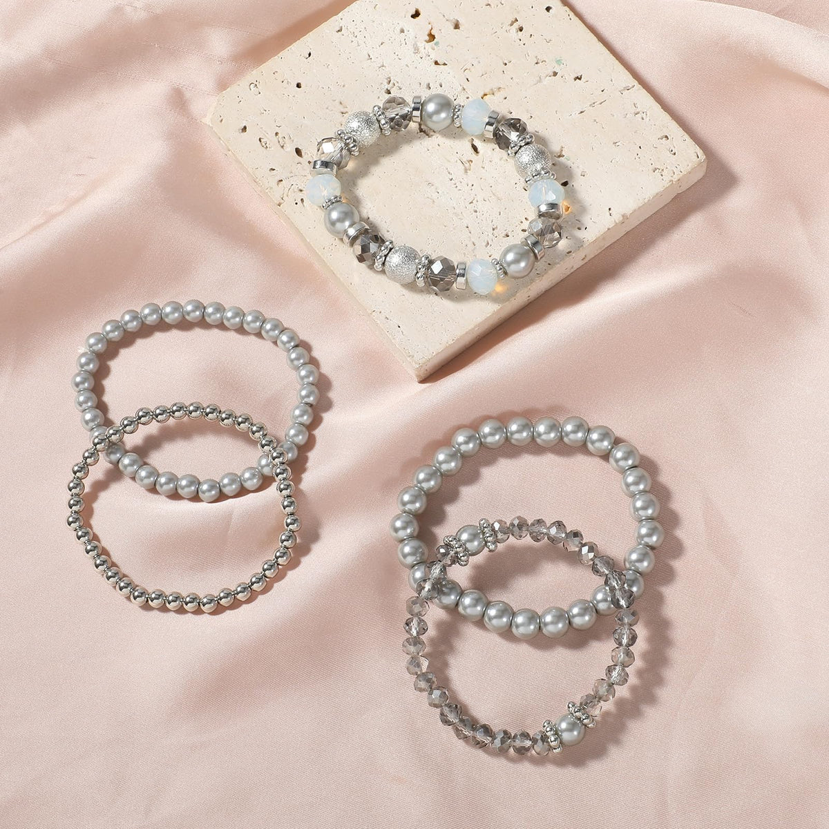 Heclia Beaded Stretch Bracelets Silver Stackable Crystal Beads Bracelets 5PCS Beaded Boho Stretch Bracelet Layering Crystal Stone Bead Bracelet Trendy Costume Jewelry Gifts for Women