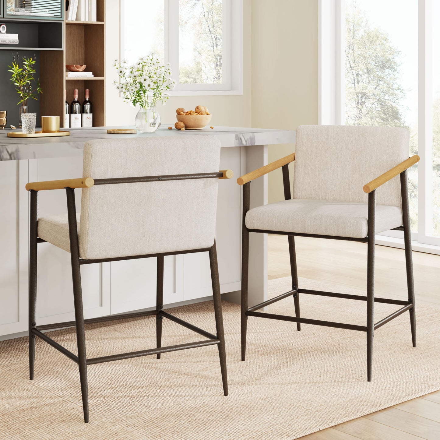 Christopher Knight Home Set of 2 Bever Mid-Century Modern Counter Height Bar Stools, Iron Frame Kitchen Stools, Fabric Upholstered Side Chair with Wooden Armrest and Footrest, Beige+Black+Light Brown